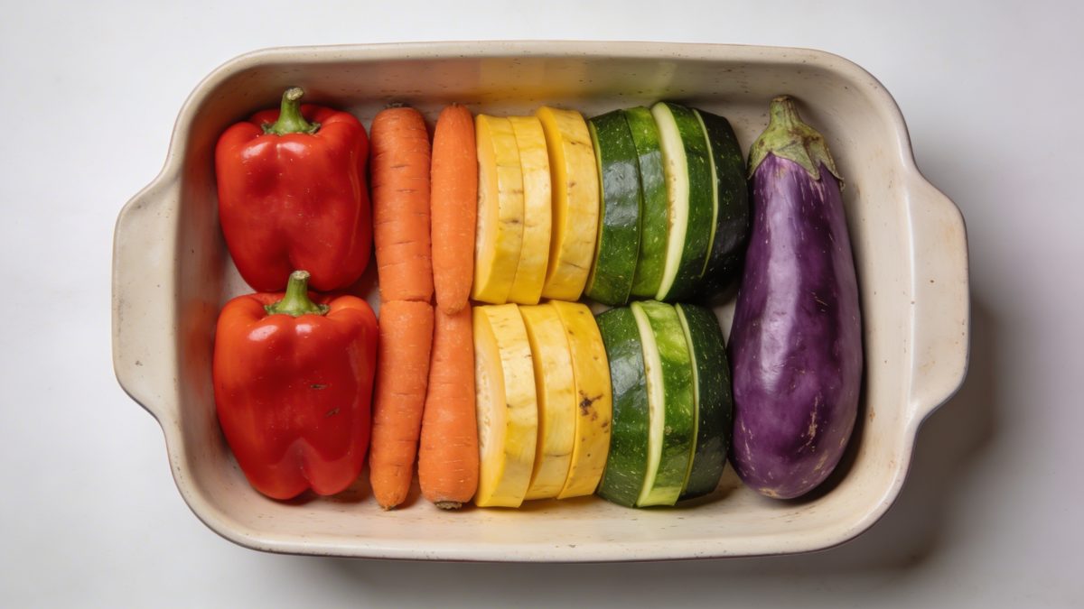 Plat de legumes colores alignes dans un plat cuire