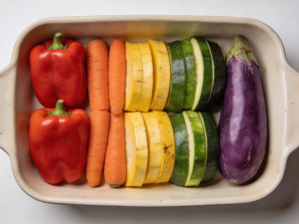 Plat de legumes colores alignes dans un plat cuire