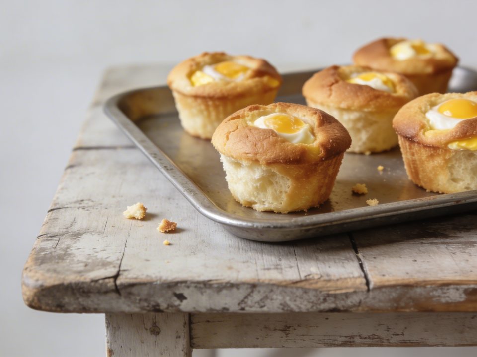 Plat sale de muffins aux oeufs sur table rustique