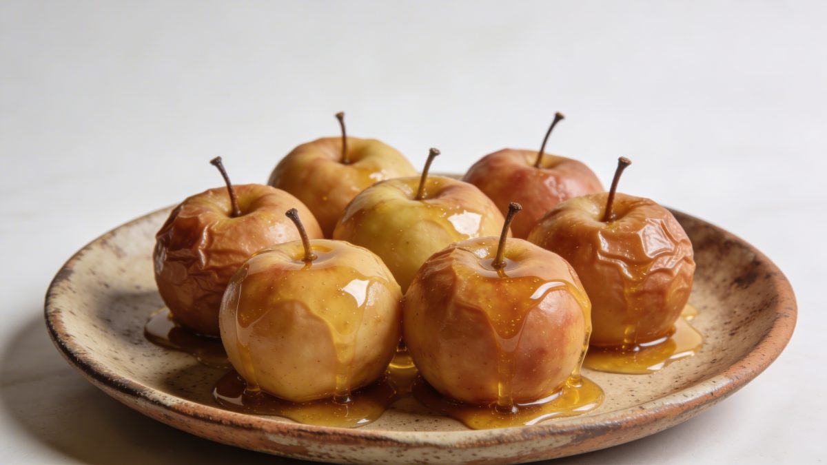 Plat rustique de pommes cuites entieres nappées de miel