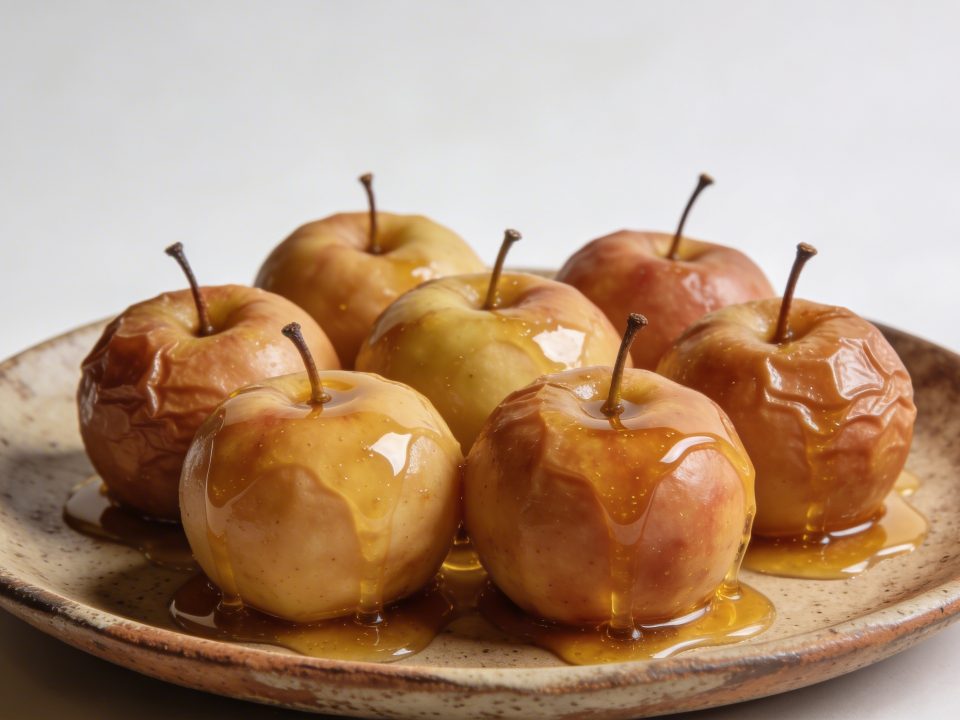 Plat rustique de pommes cuites entieres nappées de miel
