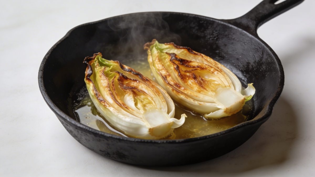 Poele noire avec endives dorees coupees en deux