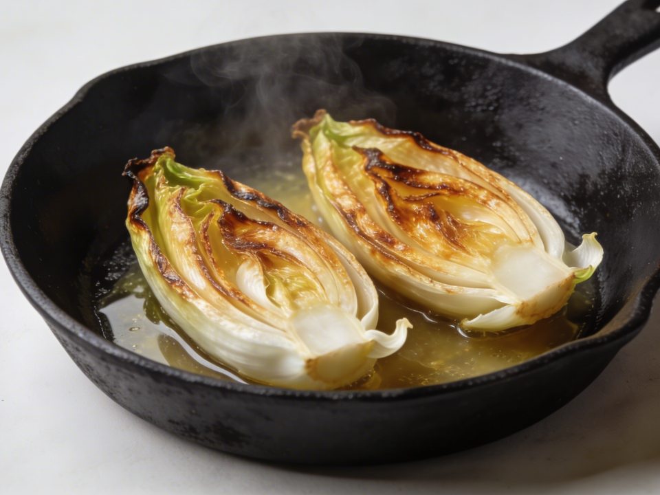 Poele noire avec endives dorees coupees en deux