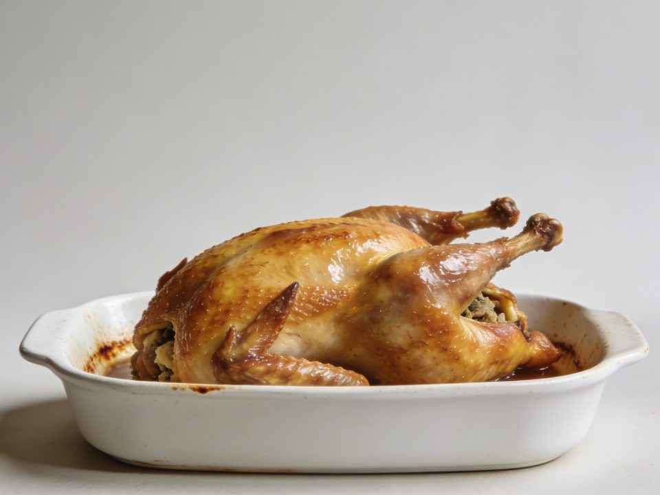 Roti de pintade farci dore dans un plat au four