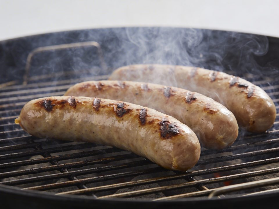 Saucisses de Montbeliard grillees sur barbecue fumant