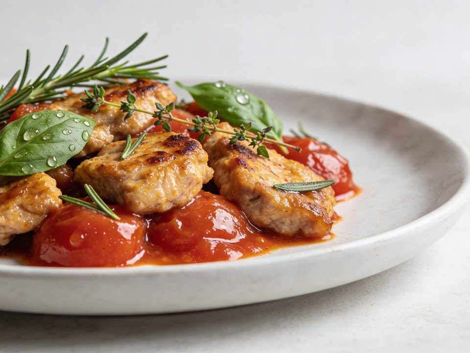 Assiette de saute de veau italien avec sauce tomate et herbes