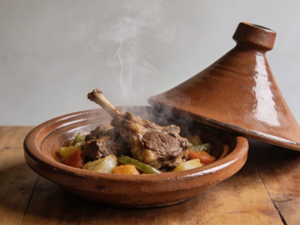 Plat de tajine d agneau fumant sur table