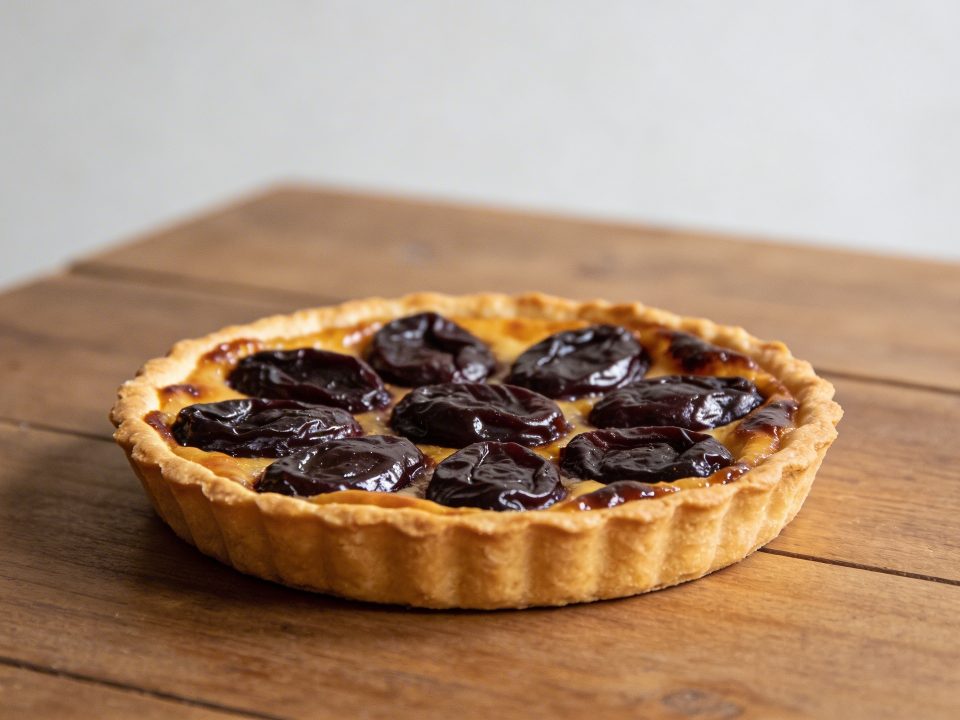 Tarte aux prunes doree sur table en bois