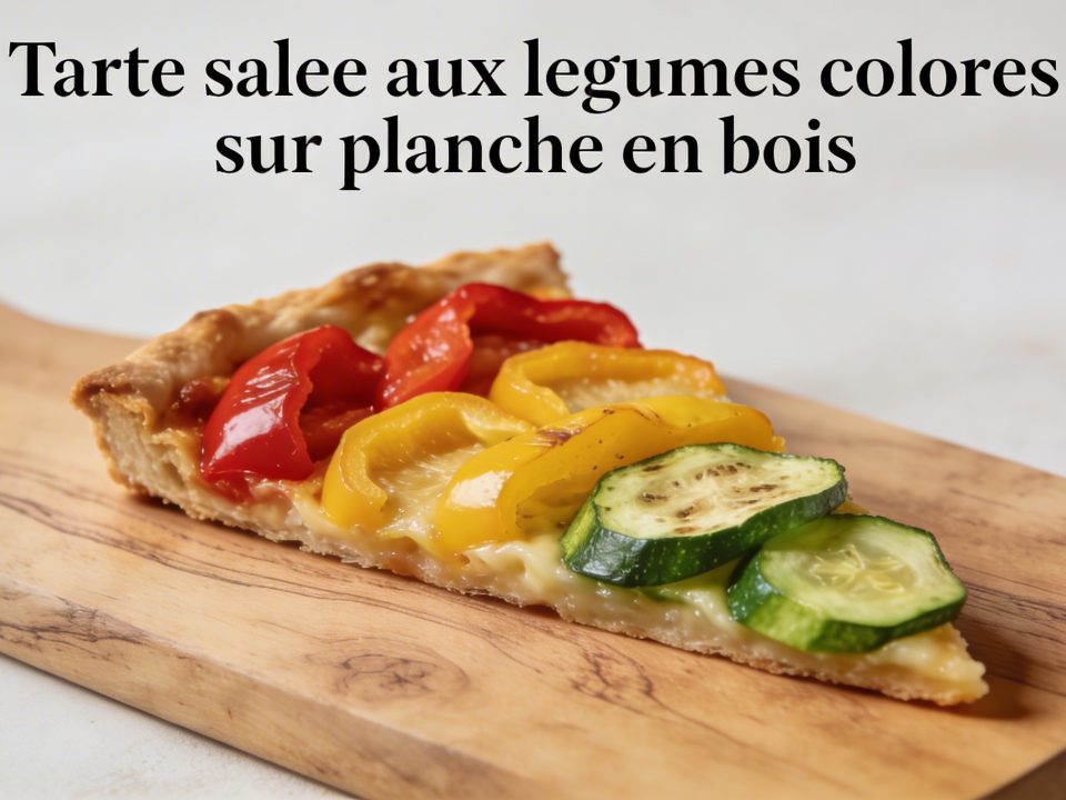 Tarte salee aux legumes colores sur planche en bois