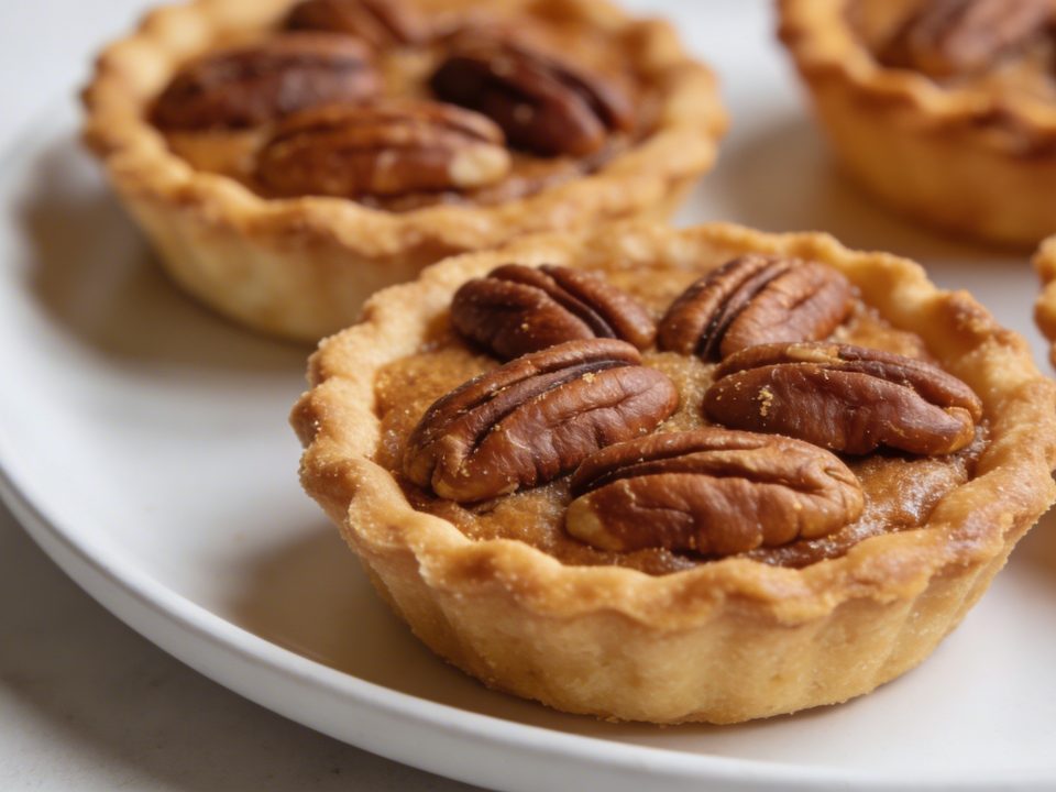 Plan rapproché de tartelettes aux noix de pecan sur assiette blanche