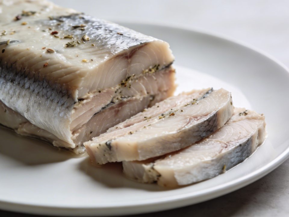 Terrine de poisson tranchee sur assiette blanche