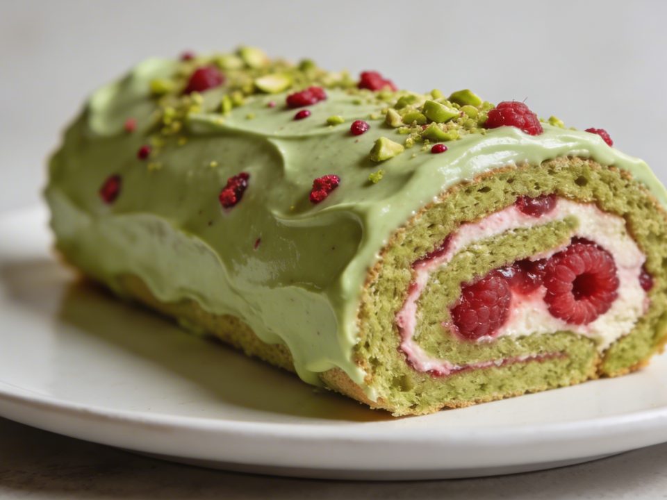 Tranche de buche pistache framboise sur assiette blanche