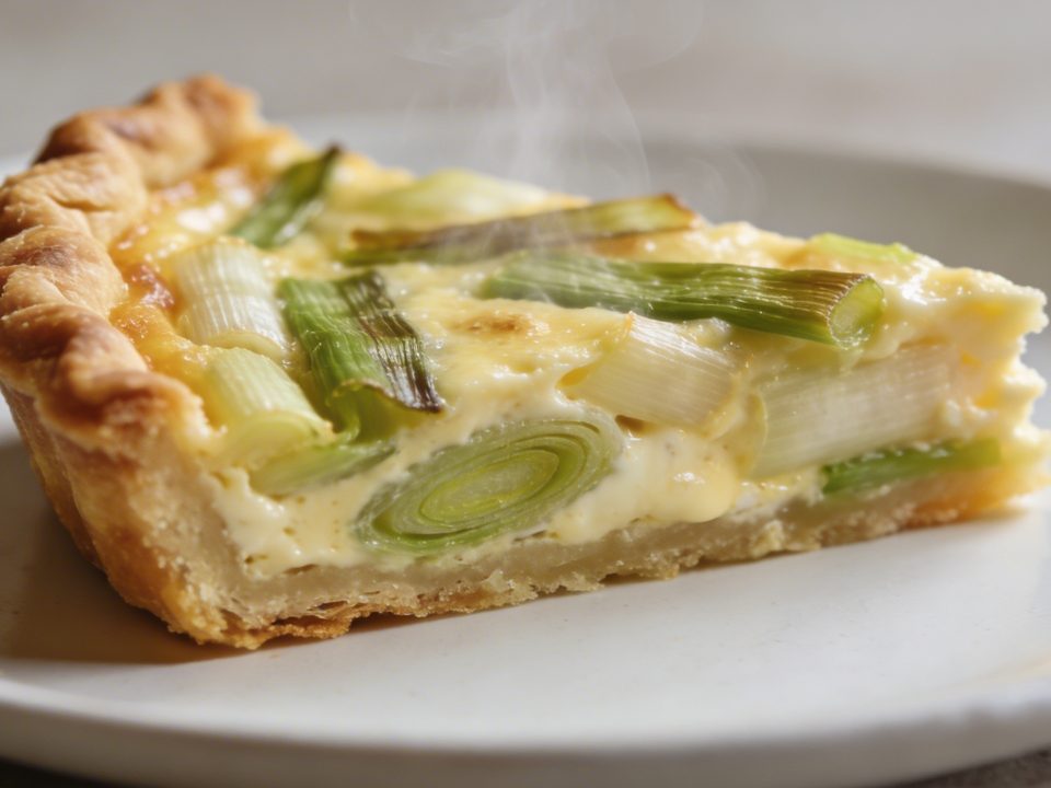 Tranche de quiche aux poireaux sur assiette blanche