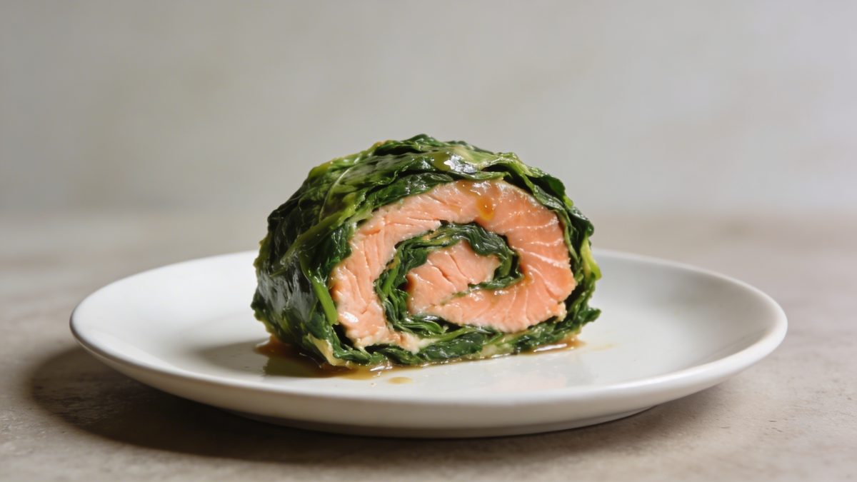 Tranche de roulade epinard saumon sur assiette