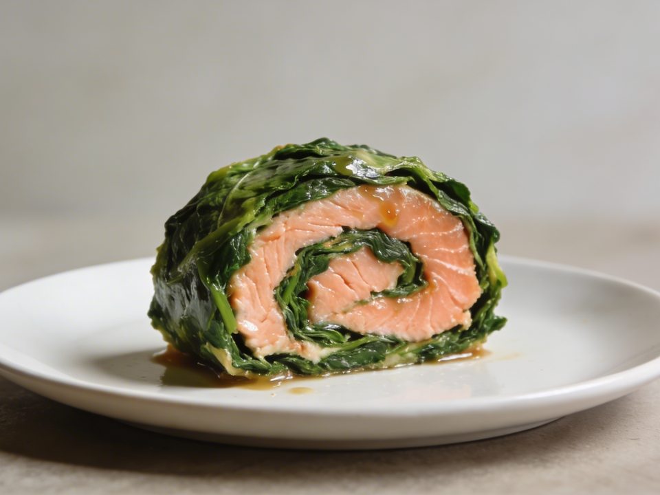 Tranche de roulade epinard saumon sur assiette