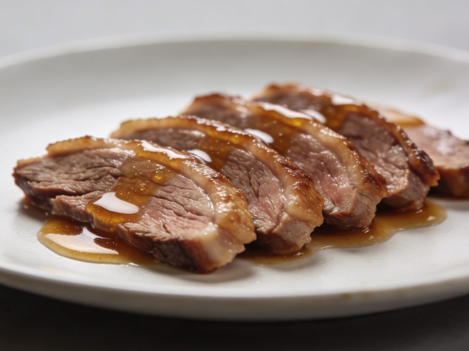 Tranches de magret de canard nappees de sauce miel