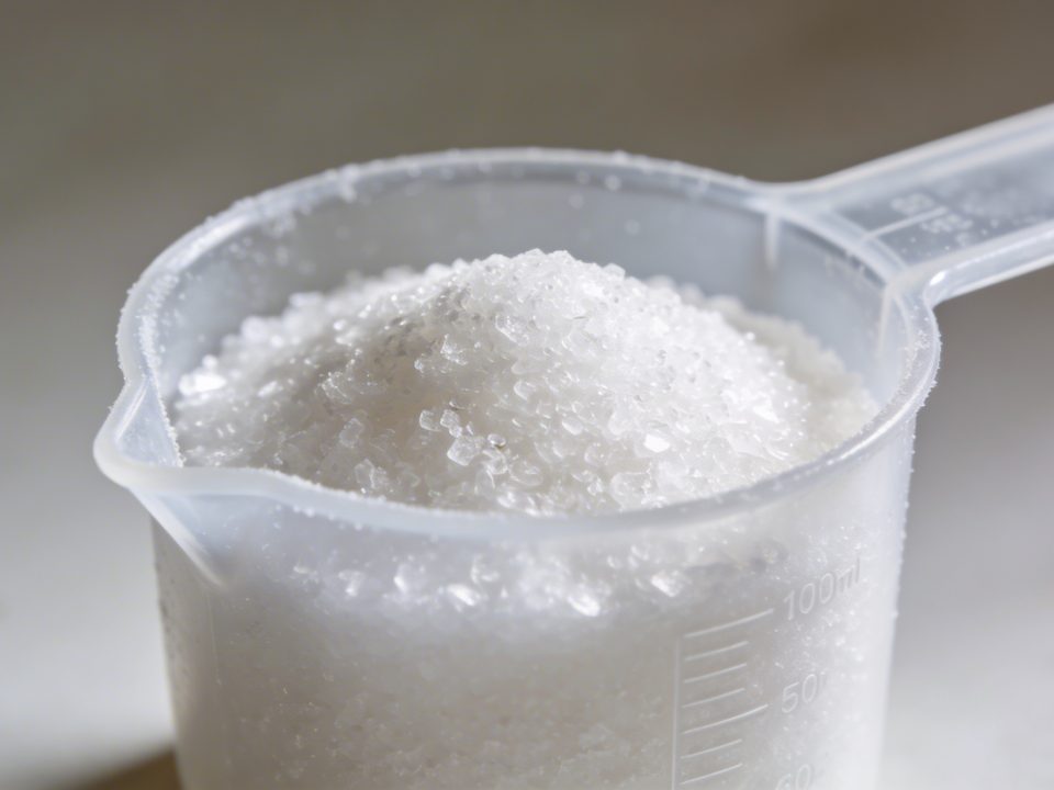 Verre doseur en plastique rempli de sucre blanc