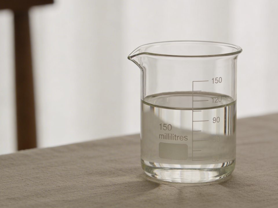 Verre doseur transparent montrant 150 millilitres sur table