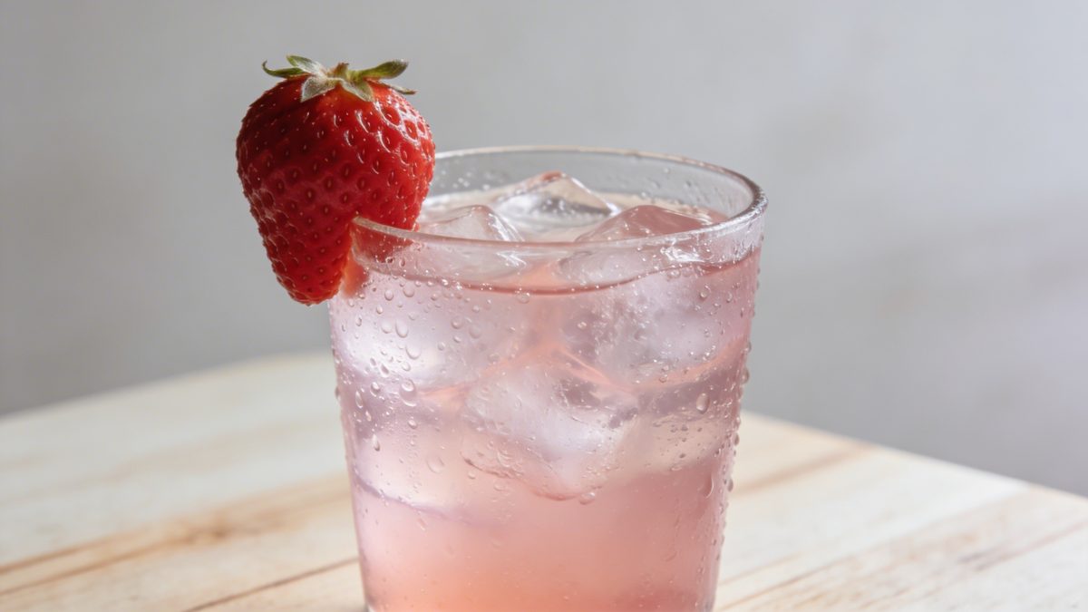 Verre de limonade rose a la fraise sur table