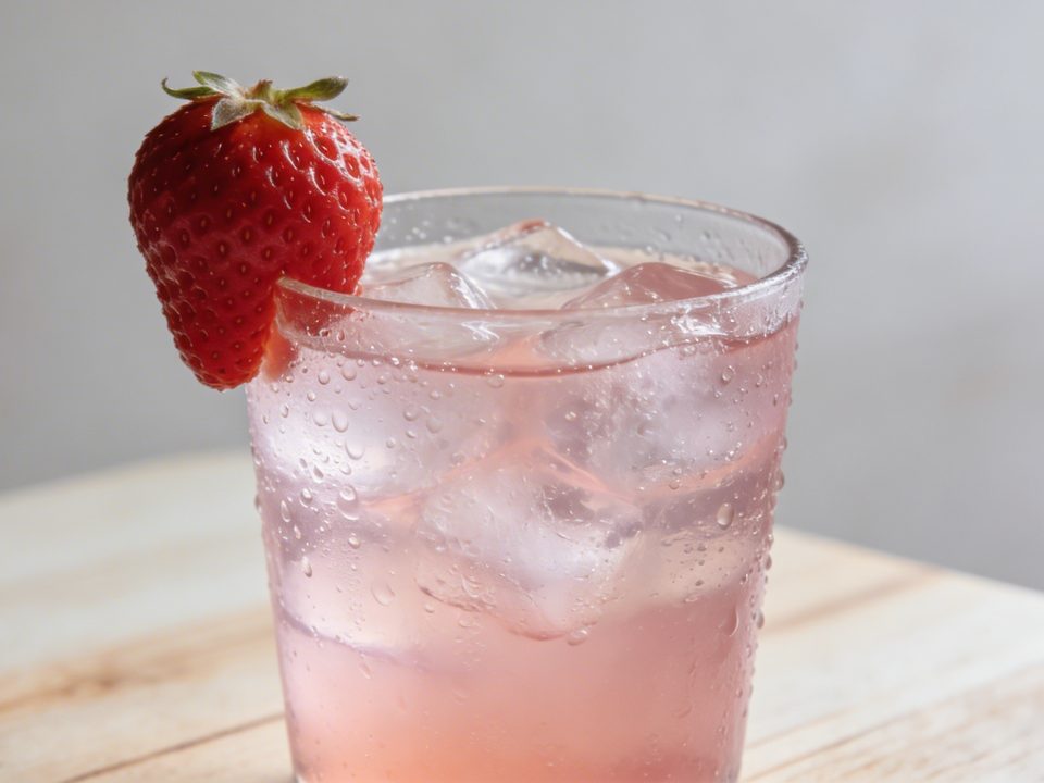 Verre de limonade rose a la fraise sur table