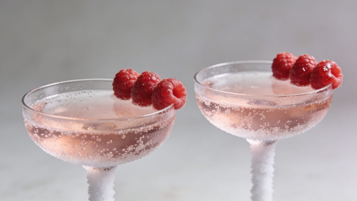 Verres de cocktail rose petillant garnis de framboises