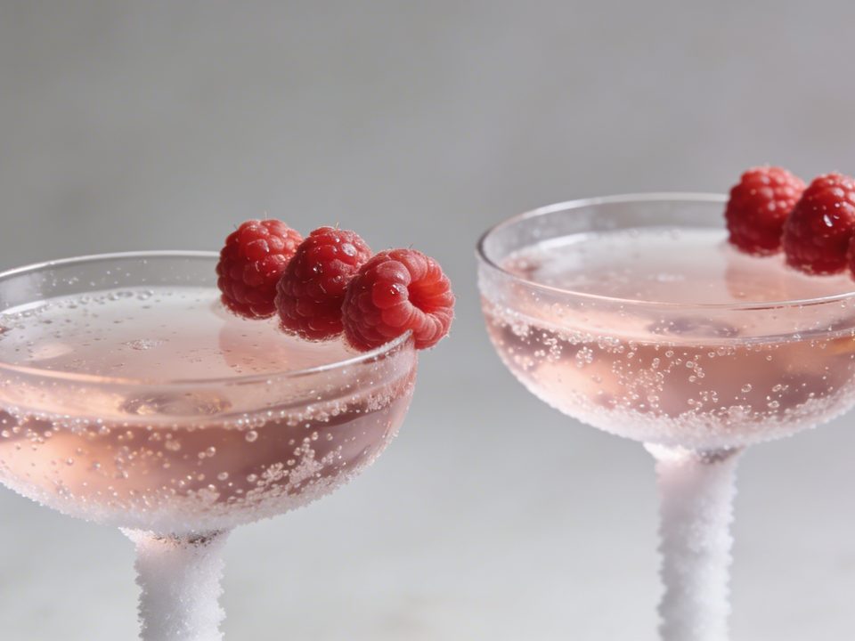 Verres de cocktail rose petillant garnis de framboises