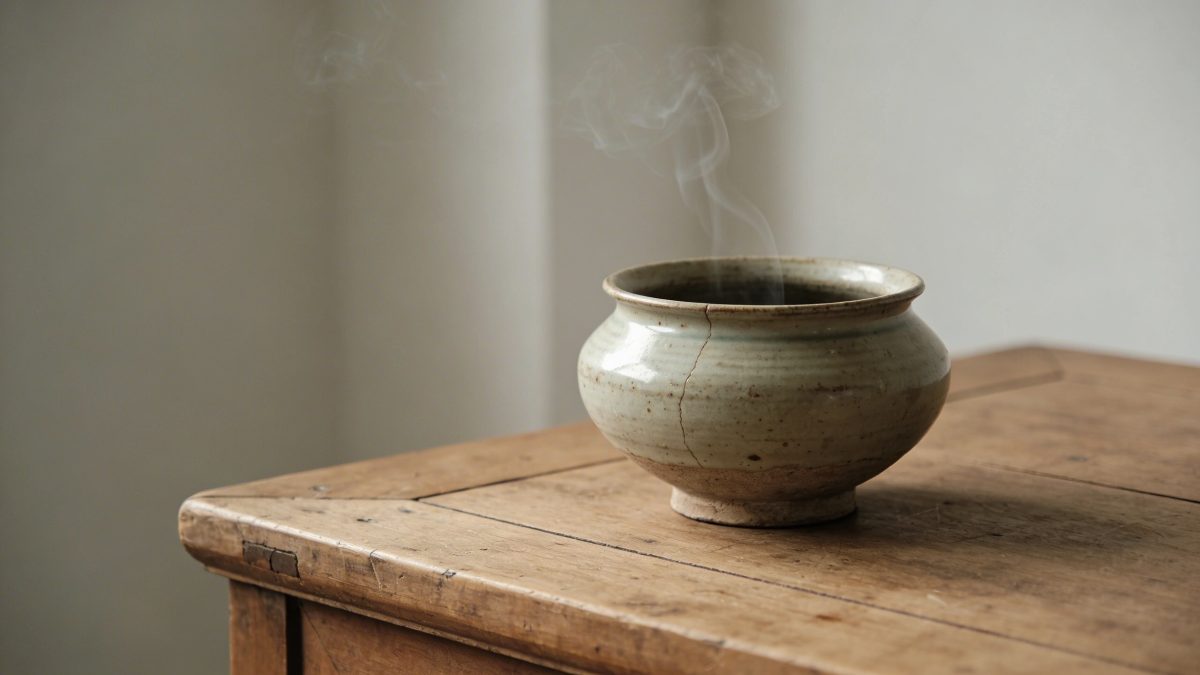 Vieille casserole de compote fumante sur table en bois
