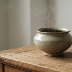 Vieille casserole de compote fumante sur table en bois