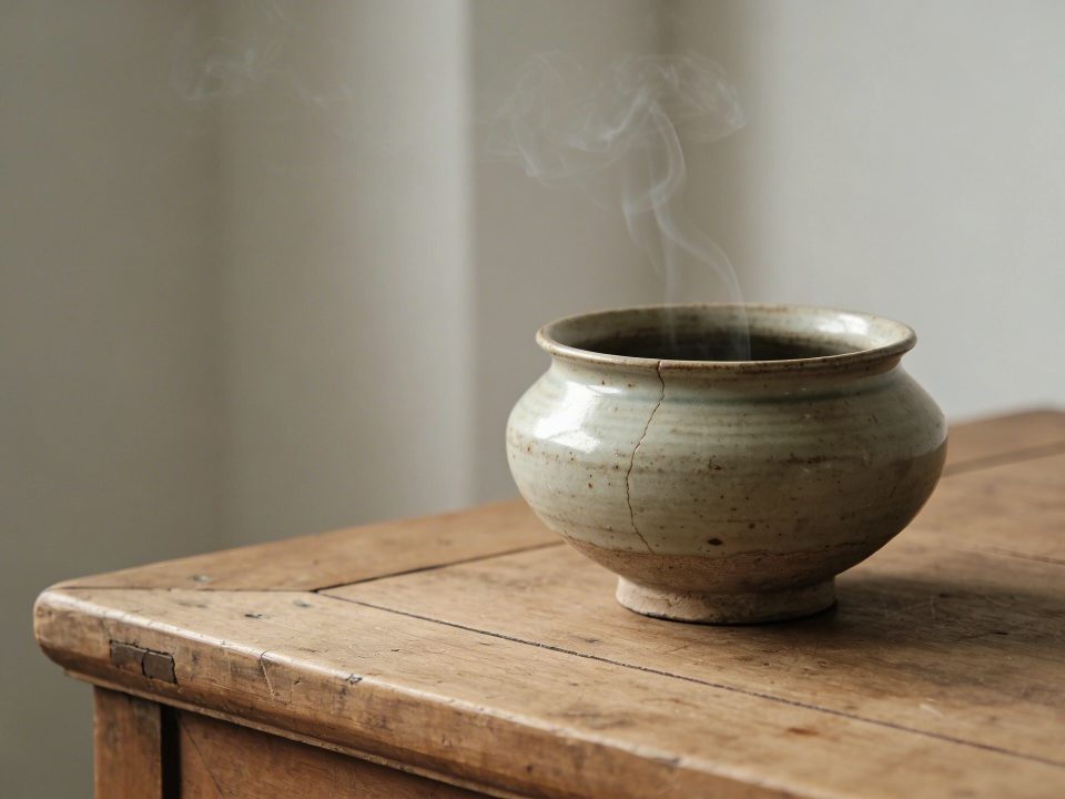 Vieille casserole de compote fumante sur table en bois