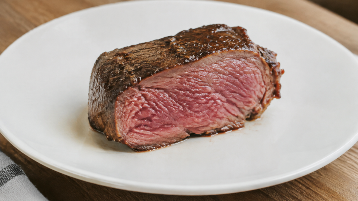 Viande rose epaisse posee sur assiette blanche