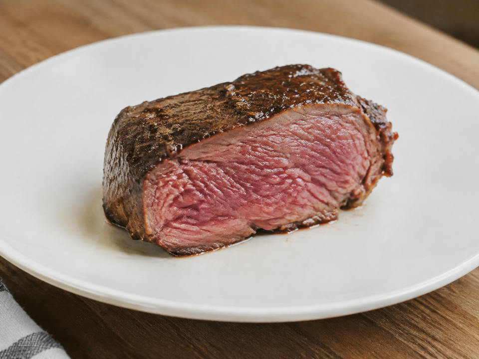 Viande rose epaisse posee sur assiette blanche