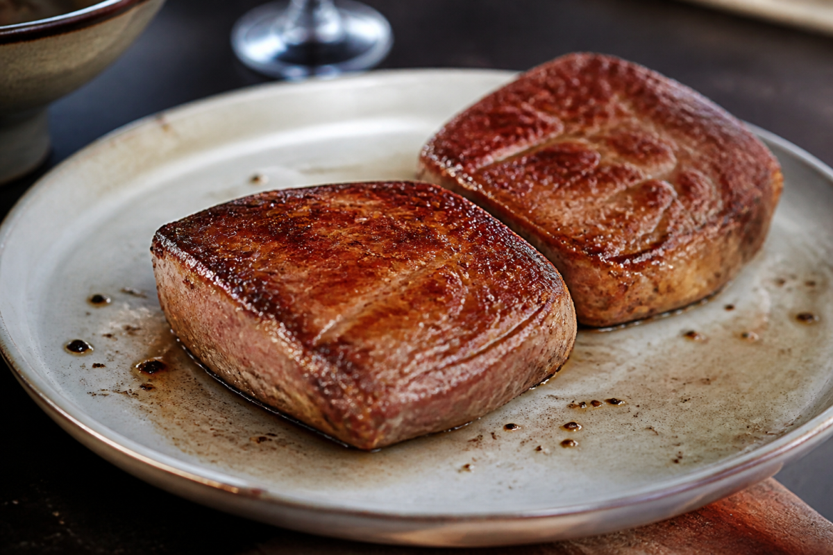 Viande saisie croute caramelisee dore sur assiette