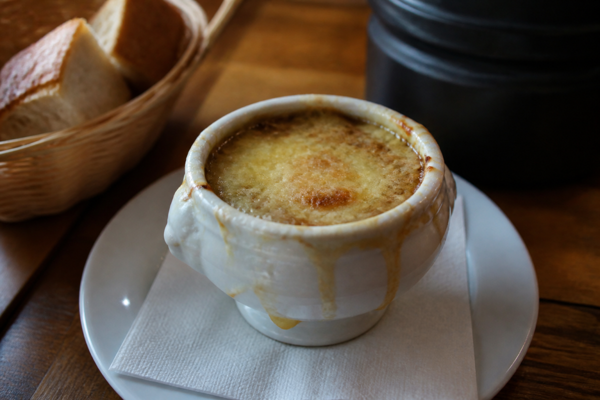 Bol de soupe gratinee au fromage fondu