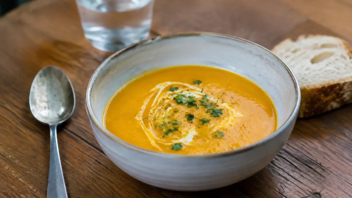 Bol de veloute orange servi sur table en bois