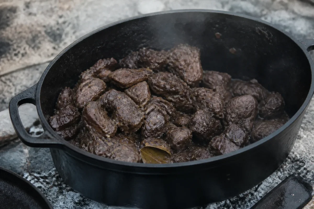 Cocotte en fonte pleine de morceaux de sanglier braises