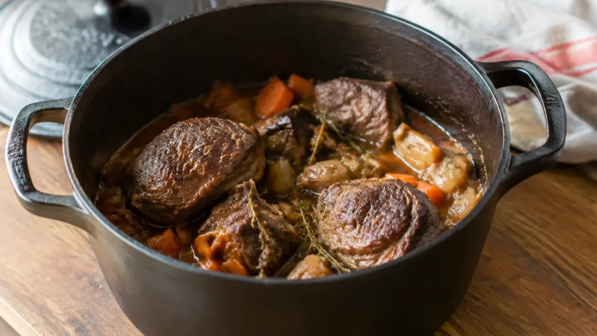 Cocotte en fonte remplie de viande, posee sur bois