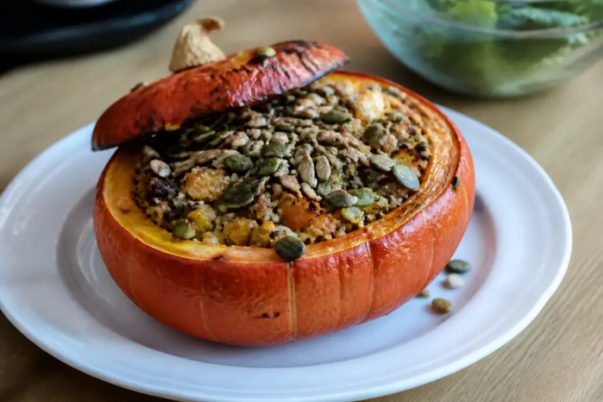 Courge farcie garnie de graines sur plat blanc