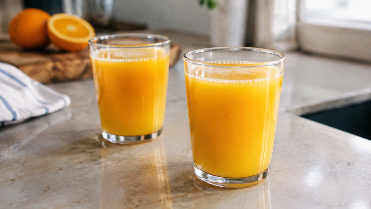 Deux verres pleins de jus orange sur comptoir
