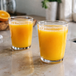 Deux verres pleins de jus orange sur comptoir