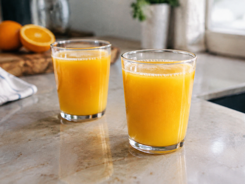 Deux verres pleins de jus orange sur comptoir