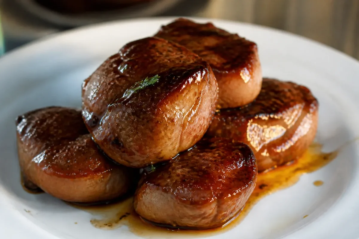 Filets mignons laques de miel brillant sur plat blanc