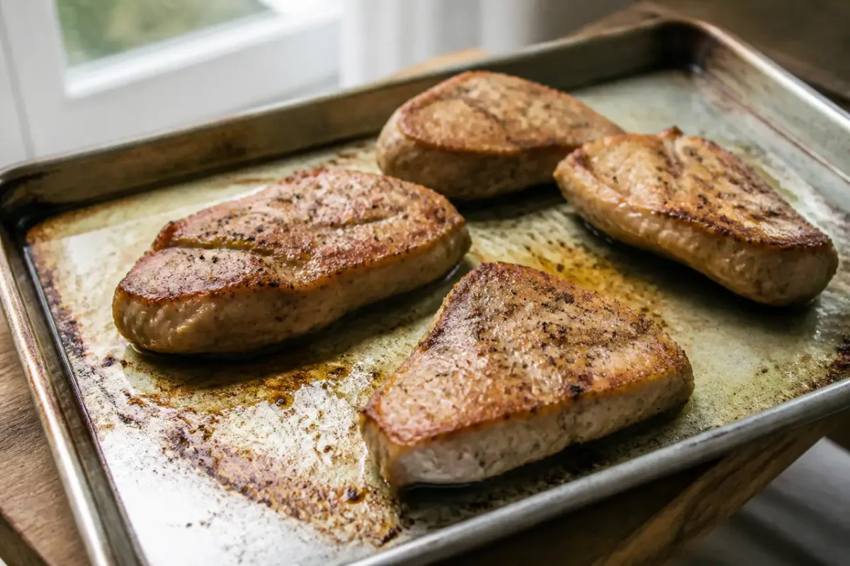 Filets de porc dores sur plaque en metal
