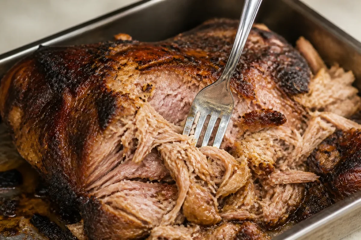 Fourchette plantee dans une epaule de porc effilochee