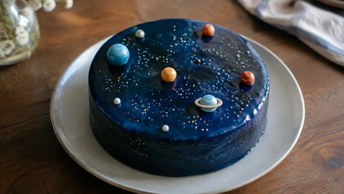 Gateau rond bleu nuit, planetes en sucre, sur assiette