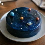 Gateau rond bleu nuit, planetes en sucre, sur assiette