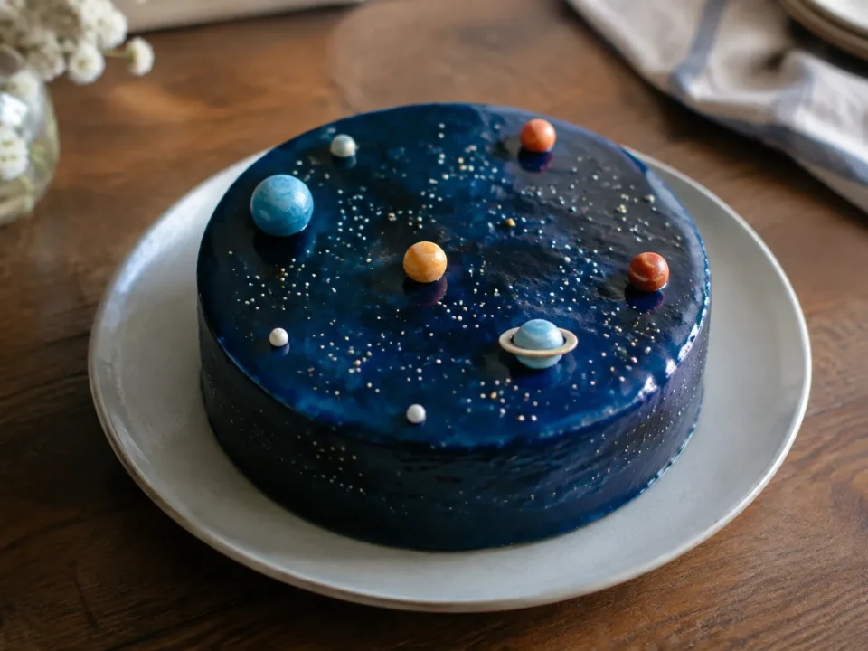Gateau rond bleu nuit, planetes en sucre, sur assiette