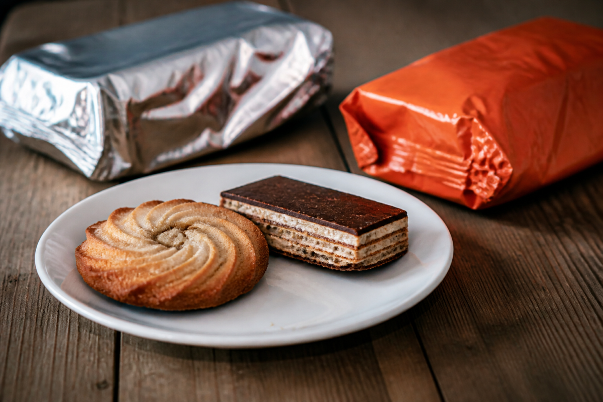 Gateaux et paquets montrant mentions allegees en sucres