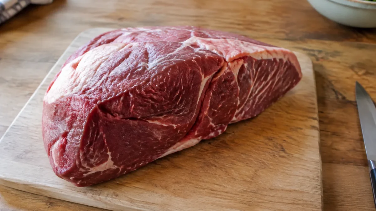 Grand morceau de viande crue sur planche en bois