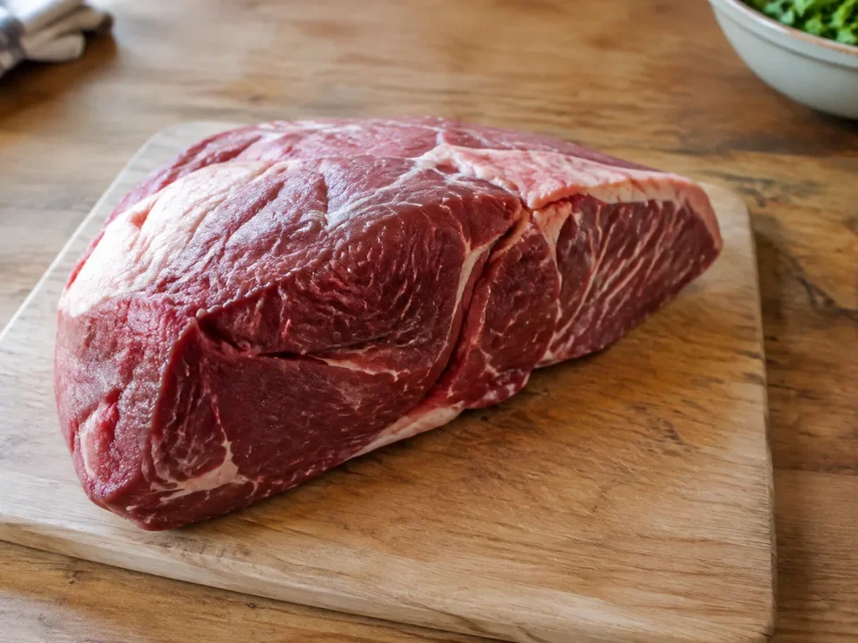 Grand morceau de viande crue sur planche en bois