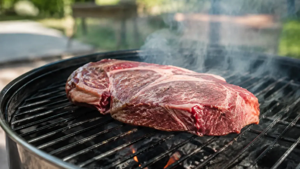 Grosse piece de viande rouge posee sur grille fumante